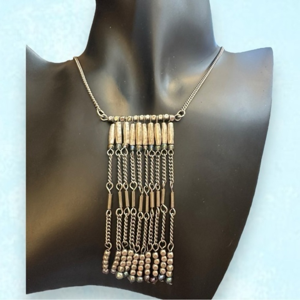 aea Beaded Dangle Chain Silver Tone Boho Necklace